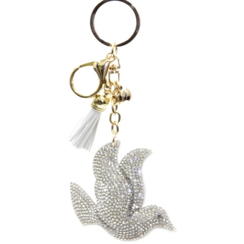 Sparkling dove w/ white tassle purse charm